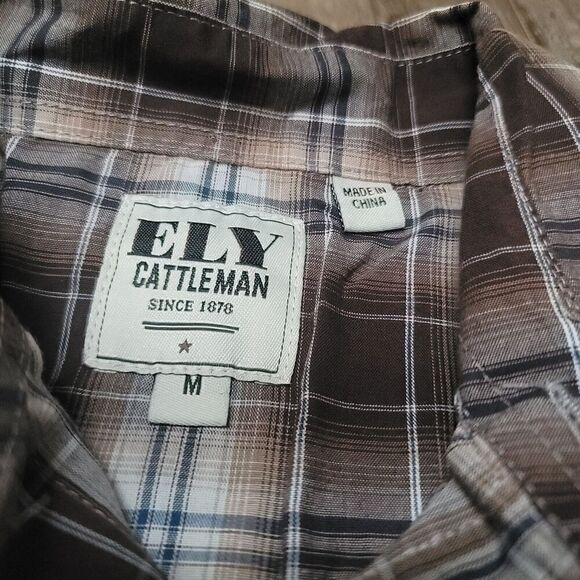 Ely Cattleman Shirt youth Boys Size Medium Pearl Snap Brown Plaid Western - Picture 3 of 5